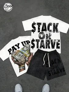 Unisex Y2K Streetwear Hip-Hop "Money" Theme, Summer Two-Piece Set "Stack Or Starve" Slogan Pure Cotton Short-Sleeve Tee & Vintage Washed Shorts,Suitable for Streetwear, Hip-Hop & Rap, Street Style, Couple Outfits, and Men's Gifts
