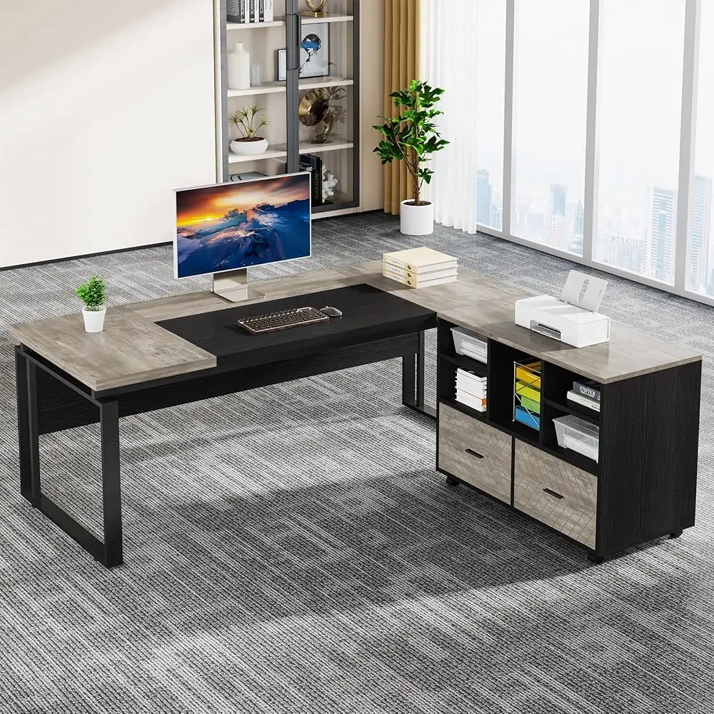 Tribesigns 63" L-Shaped Executive Desk with Reversible File Cabinet, Office Desk with Storage Drawers and Drawer Cabinet for Files (Gray & Black)