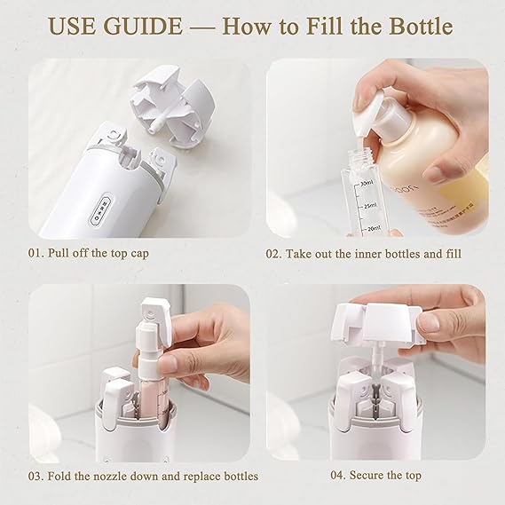 4 in 1 Travel Dispenser Bottle Set – Leak Resistant Refillable Toiletry Containers with Foldable Pump, 4 x 30ml Portable Travel Bottles for Shampoo Lotion Soap, Green