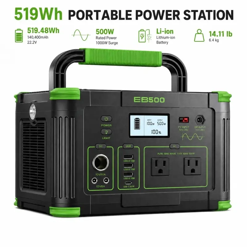 500W (200W & Above) 519Wh Compact Secondary Rechargeable Solar Portable Power Station - Battery Backup Supply, Pure Sine Wave AC Supply for Home, Camping, Battery Backup Power Supply