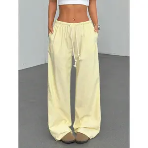 Pink cotton low-rise straight-leg pants with a drawstring tie, fashionable casual home wear for women, spring fabric fit, polyester pocket