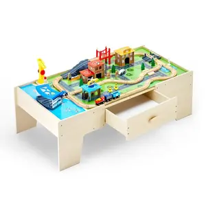 VEVOR Train Table, 120 Multicolor Pieces Wooden Kids Activity Table with Collapsible Storage Bin, 3-in-1 Wooden Train Set for Gaming, Drawing, Reading, Eating, Creative Toy Set for Kids Ages 3+