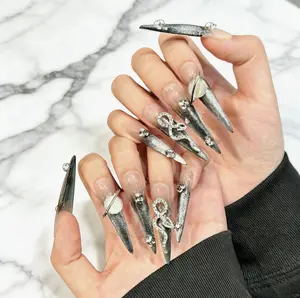 Silver Heavy Industry Starlight Extra Long Nail Piercing | Long Pressing Nails | Fake Nails | Handmade | High Quality Pressing Nails | Reusable Nails | Nail Art | Nail Charm | Handmade Pressing Nails | Detachable Fake Nails Reusable| Comes with Tool Kit