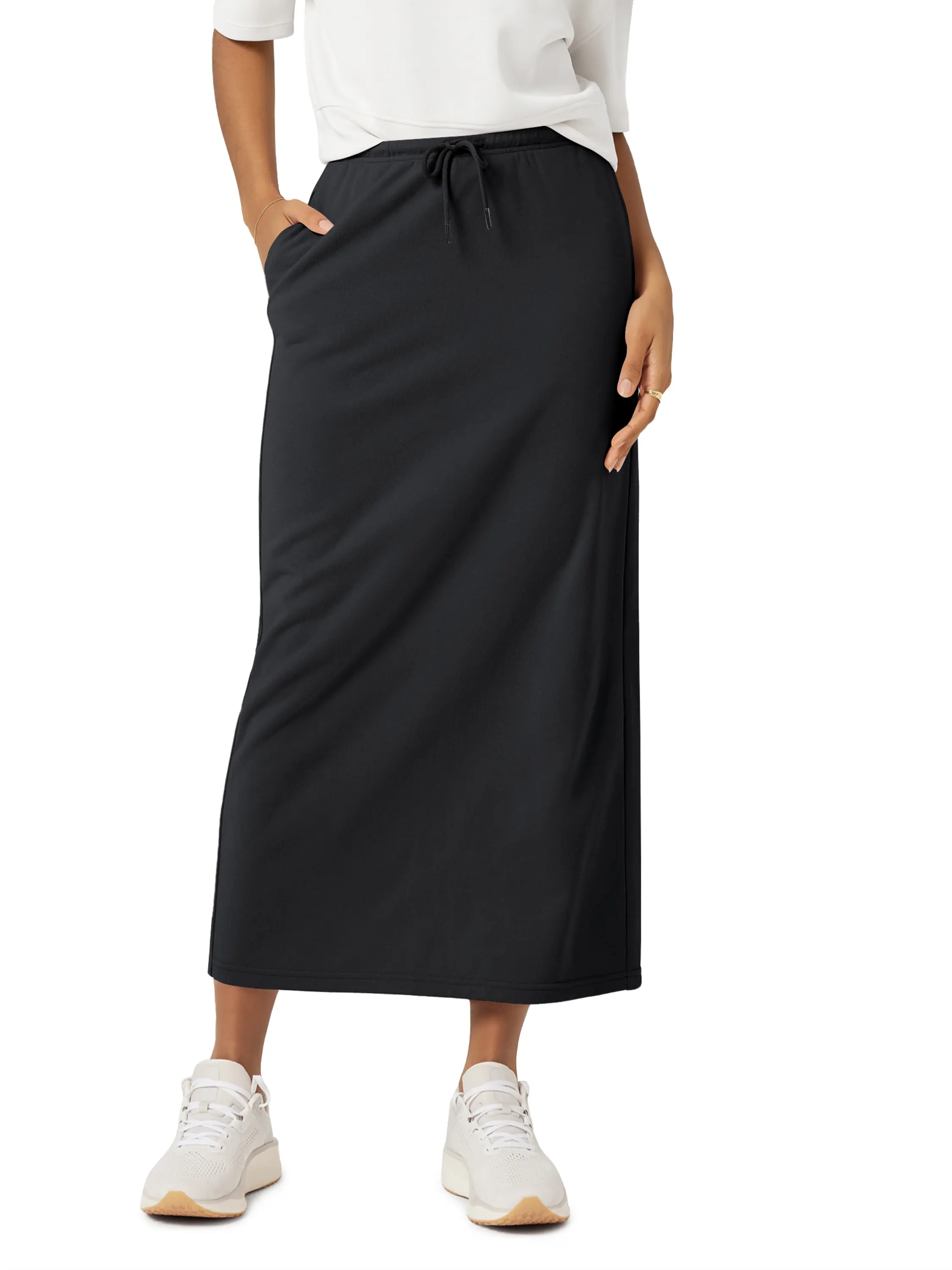 ODODOS Women's Back Split Midi Skirt - Cotton French Terry Drawstring Tie High Waist Casual Long Pencil Skirts with Pockets