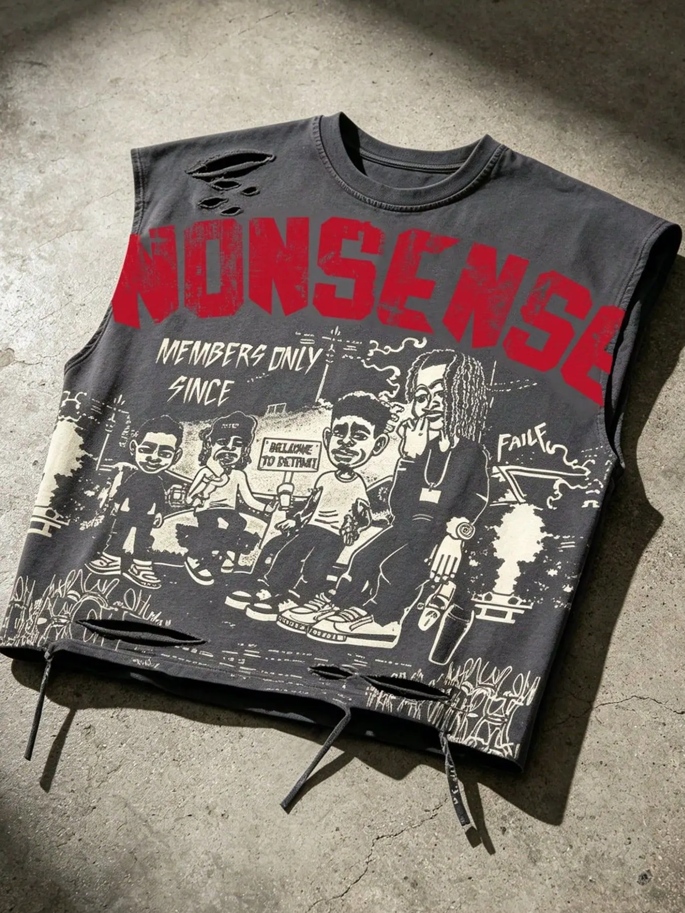 Y2K Grunge Aesthetic Short Loose Fitting Vest, Vintage Hip-Hop Cartoon Print, Ripped Details, Oversized Fit, Baggy, Loose, Casual, Unisex Fashion, All-Season Wear