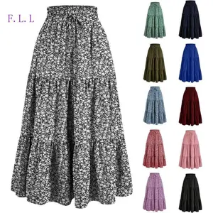 F.L.L-Floral Maxi Skirt for Women Summer Comfy Tiered Elastic High Waisted Skirts Vacation A-Line Flowy Swing Long Skirts Womenswear Black(Sheets)