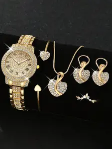 Elegant Round Jewelry Set for Women - Sparkling Accessories with Heart Pendant, Earrings, Bracelet, and Ring, Gold Set, Glamour Set, Perfect for Daily Wear, Parties, Valentine's Day, Christmas, Halloween, and Eid Gifts