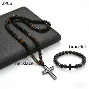 8mm Black Onyx Hematite and Tiger Eye Beaded Necklace with Cross Bracelet Set Triple Protection Religious Jewelry for Anxiety Relief Valentine’s gift
