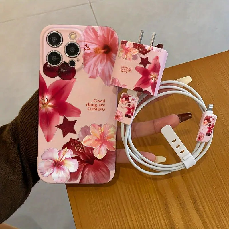 5-Piece Set Eye-Catching Protective iPhone Case Cherry & Flower Pattern, Charging Head Cover, Data Cable Protector, Storage Rope, Fits iPhone 15-16 Series