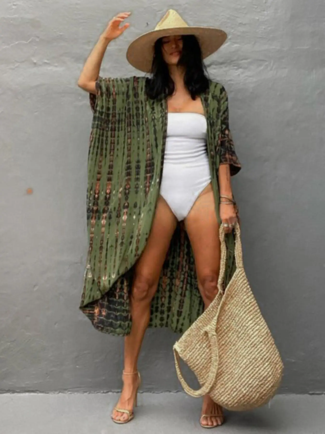 【Plus Size】 Tie Dye Print Tie Front Kimono, Summer Clothes Women, Boho Batwing Sleeve Cover Up, Women's Outerwear for Beach Vacation Wear, Swimsuit Cover Up