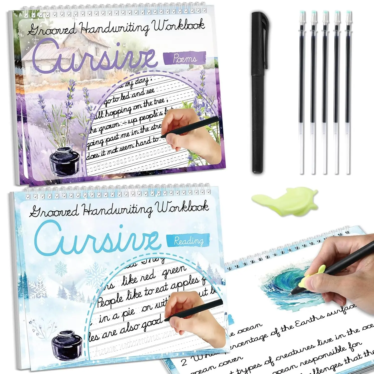 2 Pack Cursive Grooved Handwriting Workbooks Magic Grooved Cursive  Writing Practice Copy Books with Disappearing Ink Pens for Beginners Learning Activities Supplies (Reading&Poems)