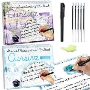 2 Pack Cursive Grooved Handwriting Workbooks Magic Grooved Cursive  Writing Practice Copy Books with Disappearing Ink Pens for Beginners Learning Activities Supplies (Reading&Poems)