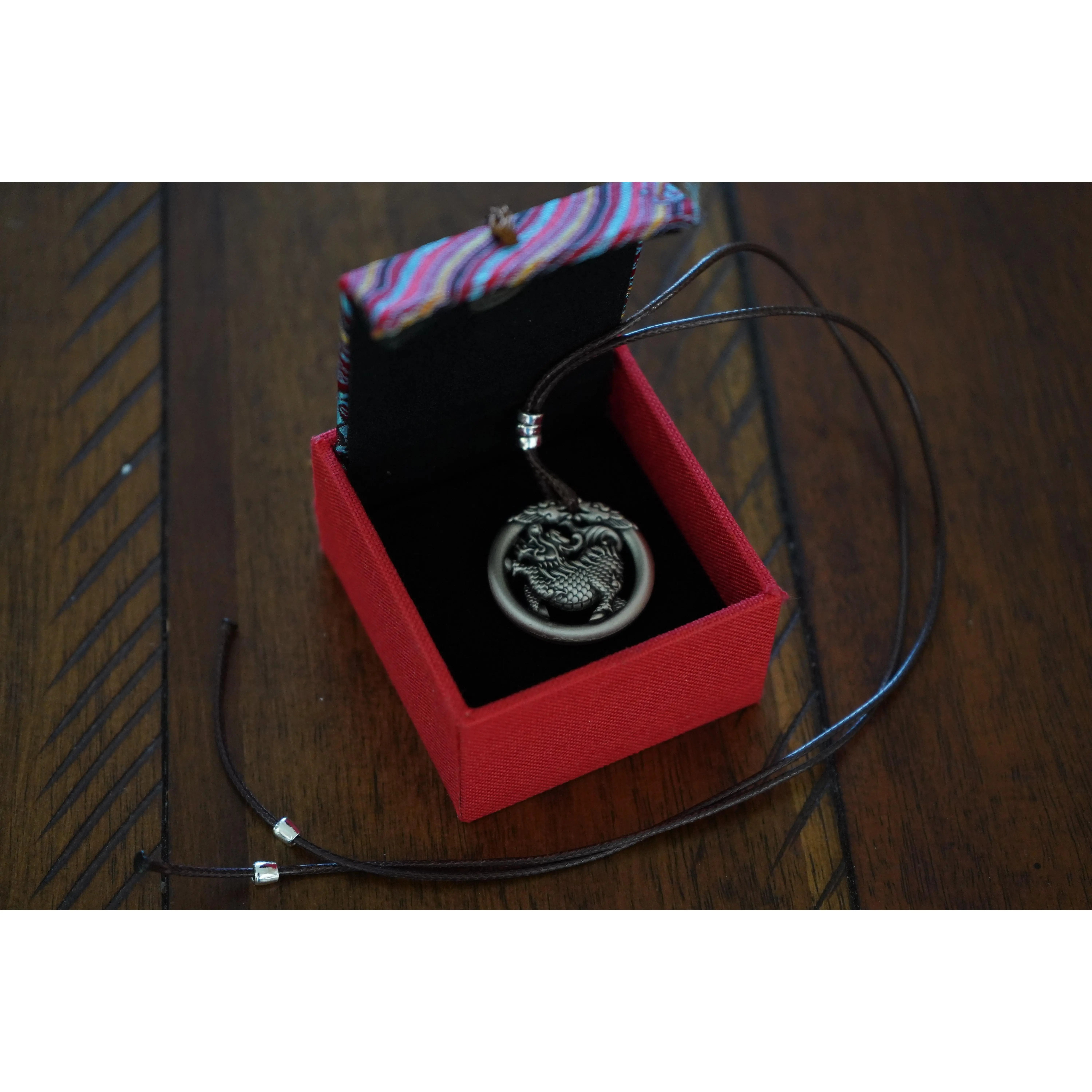 Silver Dragon Circle Pendant Necklace on Leather Cord in Gift Box, Traditional Miao Silver