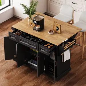 54inch Large Kitchen Island with Rubber Wood Drop Leaf, Embossed Texture Rolling Kitchen Cart on 4 Wheels with 4 Doors and 3 Drawers, Kitchen Island with Storage for Kitchen, Dining Room,