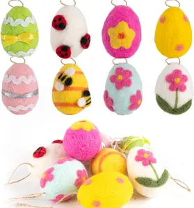 8Pcs Wool Felted Easter Eggs Decorations Hanging Ornaments Colorful for Easter Basket Tree Decor Party Favors Supplies Home