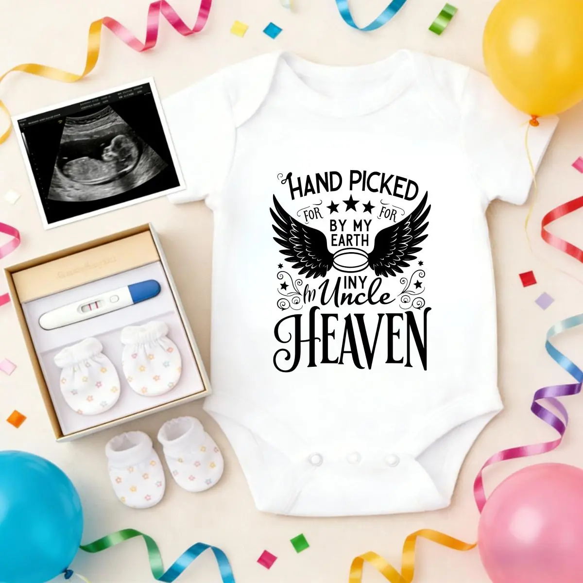 100% Pure Cotton Newborn Baby Bodysuit - "Hand Picked By My Uncle In Heaven" Print, Cozy Baby Clothing, Non-Irritating, Breathable, Snap Closure, Infant Toddler Clothes, Perfect For Gifting & Everyday Wear
