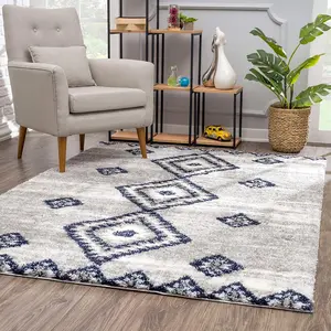 212 MAIN 5x8 ft. Gray & Navy Bohemian Style Area Rug, Boho Chic, Jewel Tones, Diamond Motif, Stain-Resistant Polyester Fiber, Indoor Low-Traffic Space Use, Bohemian Style Rugs