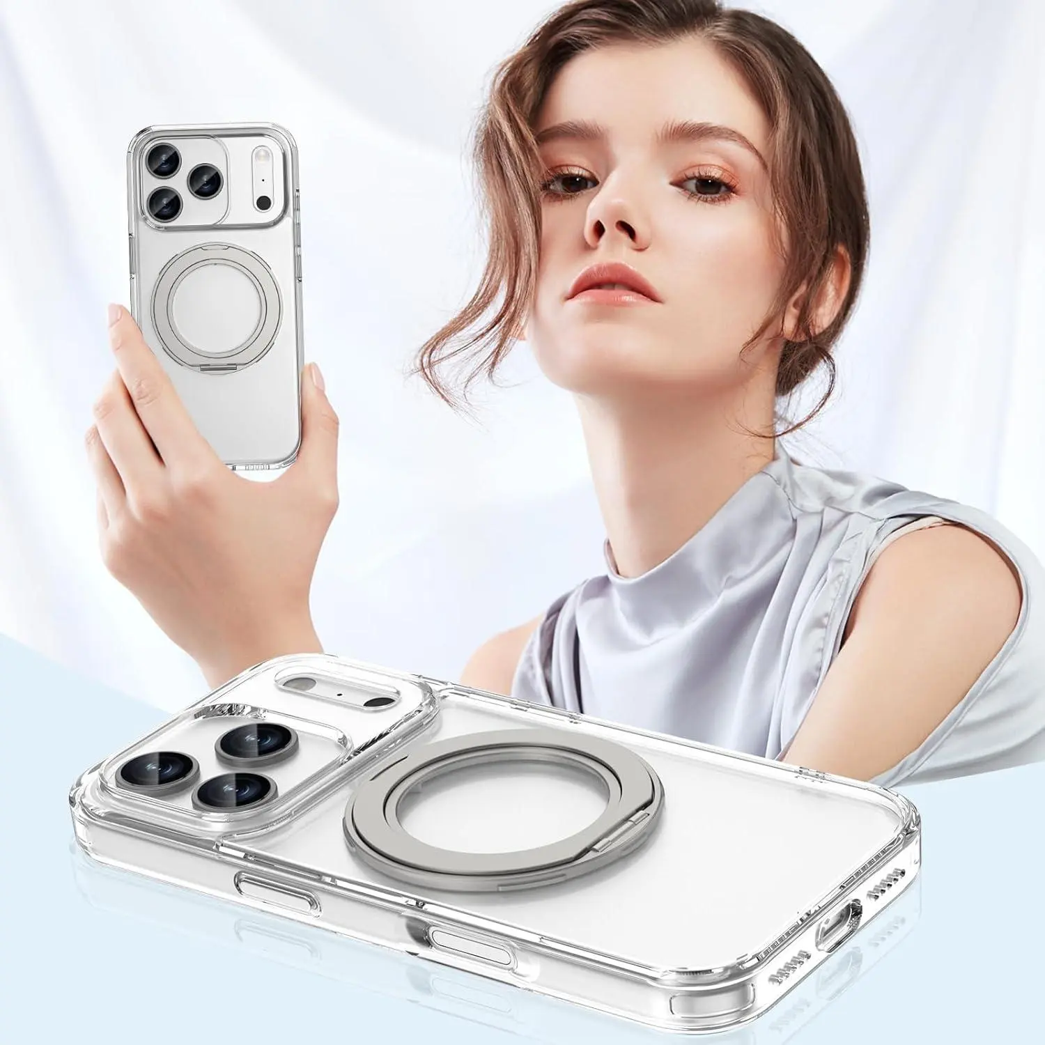 360° Swivel MagSafe Ring Holder Phone Case for iPhone 17/16/15/14/13 Pro Max Air, Transparent Clear TPU+PC Anti-Yellow Shockproof Shell