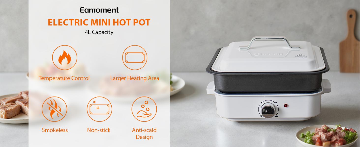 2-in-1 Electric Hot Pot 4L Non-Stick Portable Shabu Pot with Grill Pan & Removable Pot Non-Stick Ceramic Oil Coating Multi-Power Control 400W/1600W for Dorm Office Apartment White
