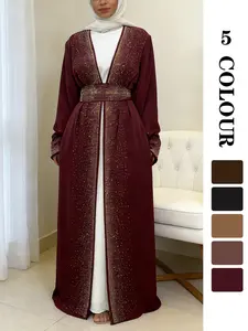 Women's Glitter Rhinestone Embellished Belted, Long Sleeve Open Front Abayas for Eid, Women's Islamic Clothing for Spring & Fall