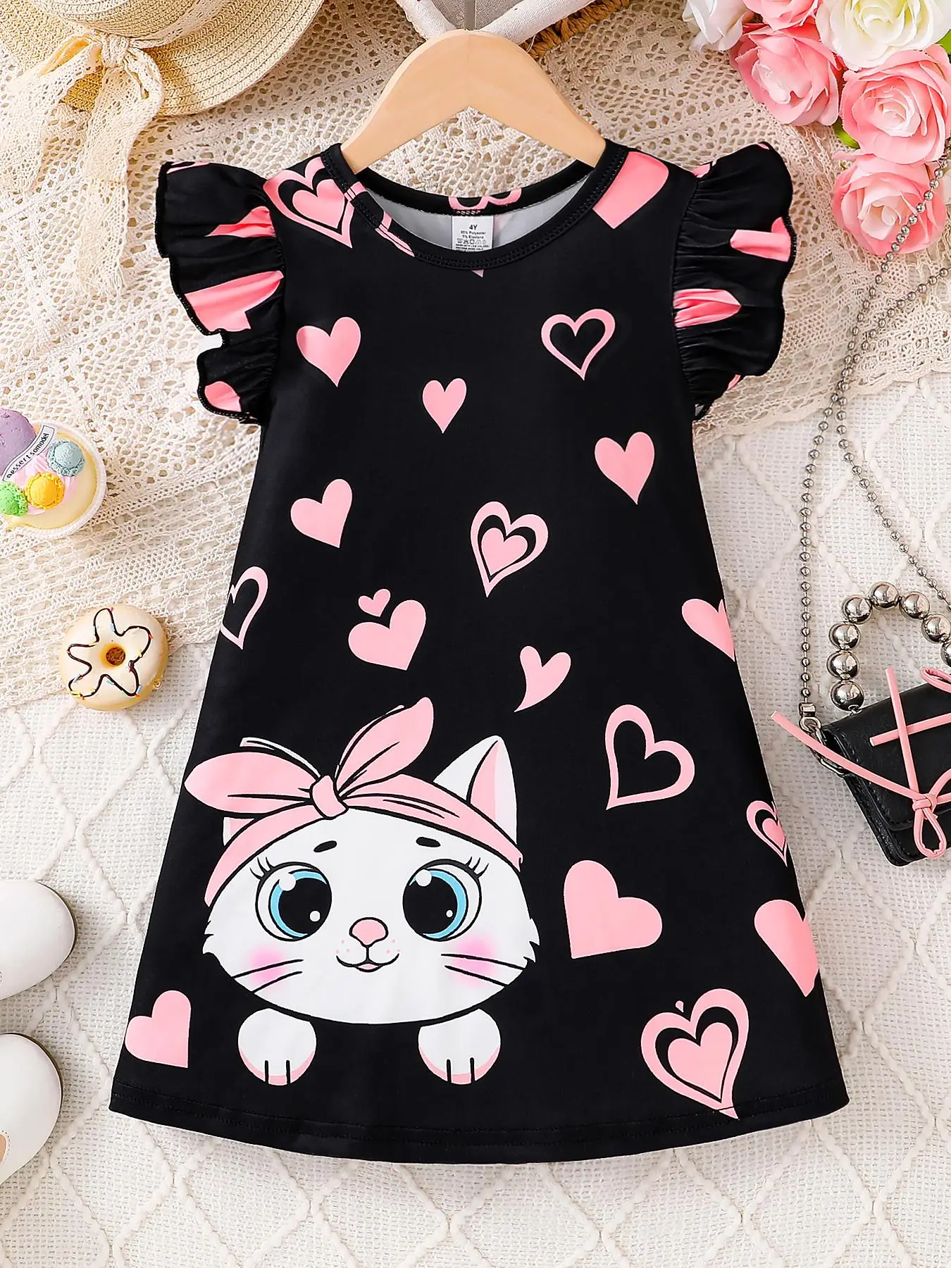 Girl's Cartoon Cat Print Ruffle Trim Dress, Cute Casual Round Neck Dress for Summer, Kids Clothes for Daily Wear