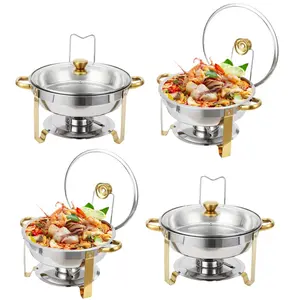 GARVEE 4 Pack 5QT Stainless Steel Round Chafing Dish Buffet Set with Lid Holder & Glass Lid, Buffet Servers and Warmers for Parties, Weddings, Camping, and Dinner in Elegant Gold