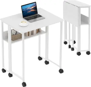 GAOMON Folding Desk Small Rolling Desk with Storage Shelf,24.8 Inch Foldable Computer Table with Wheels,Portable Office Desk for Small Space Sofa Table,Easy to Fold,Writing Work Office Computer Desk,White