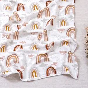 Rainbow Print Baby Muslin Swaddle Blanket, Soft Comfortable Breathable Gauze Baby Wrap Blanket, Newborn Baby Bedding, Baby Essentials, Baby Swaddling