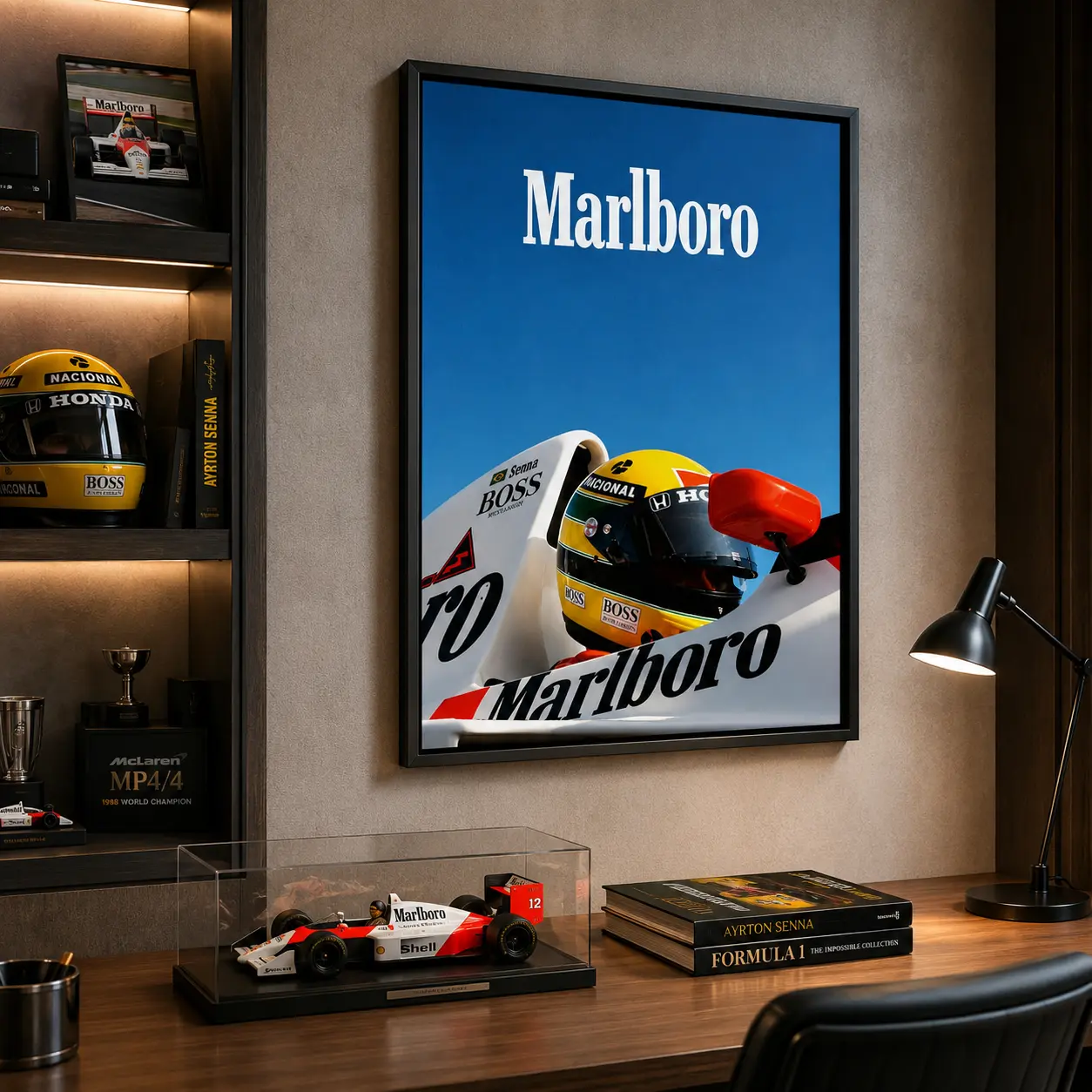 Ayrton Senna Marlboro F1 Vintage Framed Canvas Wall Art, Blue Sky McLaren Honda Racing Helmet Poster, Classic Formula 1 Retro Race Car Print, Garage Man Cave Bar Lounge Decor, F1 Motorsport Fan Masculine Wall Hanging Gift