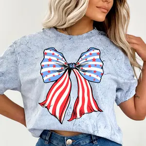 AMERICAN FLAG BOW SHIRT, 4TH OF JULY SHIRT, JULY 4TH SHIRT UNISEX COTTON SHIRT, OVERSIZED HOLIDAY SUMMER SHIRT Comfort Fabric Casual Top