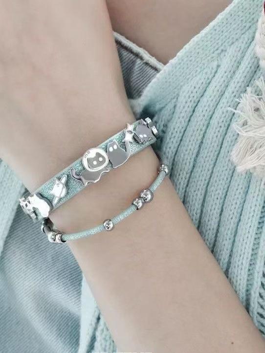 Y2K Cute Night Owl Cat Bracelet Sweet Cool Kitten Leather Bangle for Women Girls Unique Playful Jewelry Gift