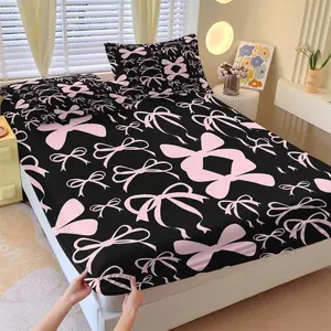 Black Pink Bow Fitted Sheet Set, 3 Pieces (1 Fitted Sheet + 2 Pillowcases), Deep Pocket, Coquette Style, Cute Bow Print, Soft Bedding for Girls Teens Bedroom, All Seasons, Aesthetic Room Decor