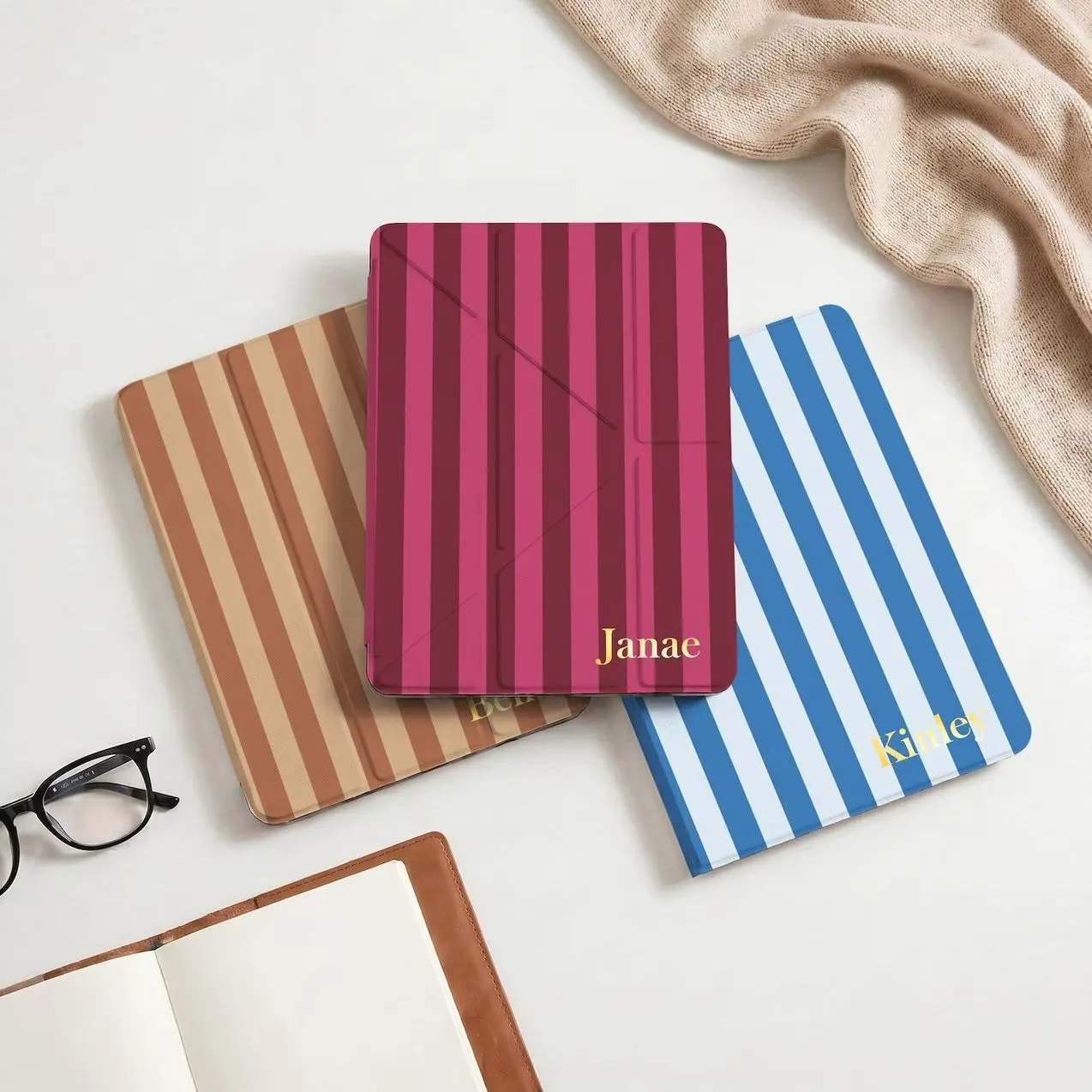 Colorful Striped iPad Case, Personalized Name Cover Custom iPad Gift for Her, for iPad Pro M4 M3 11" 13" Air 7 M3, iPad 11th Gen A16, Mini 7