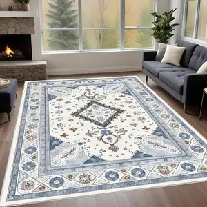 A Persian-style home carpet with light blue floral patterns, machine washable and colorfast, soft and durable, suitable for holidays and any space area, including hotels, offices, sofas, bedside, and corridors, etc.