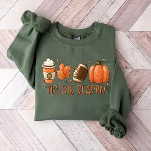 Tis The Season Fall Sweatshirt - Hoodie - T-Shirt, Cozy Autumn Pullover with Pumpkin Spice Latte, Maple Leaf, Football & Pumpkin Graphic – Cute Retro Thanksgiving Sweatshirt, Vintage Autumn Vibes Crewneck, Pumpkin Lover Sweater, Gift for Her and Him