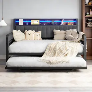 Jocoevol Daybed with Trundle and LED Light, Heavy Duty Metal Full Bed Frame with Upholstered Storage Headboard & Charging Station, Day Bed Pop Up Trundle Bed for Living Room,Bedroom and Guest Room, White