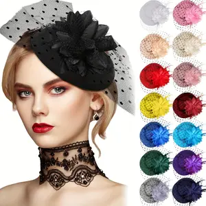 4-piece/mesh simulated feather women's decorative headpiece, charming 1920s hat box hat headpiece with curtain flower feather wedding church tea party