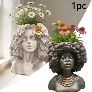 Head Planter Face Flower Pot, Closed Eyes Modern Female Head Planter, Resin Flower Pot with Drainage, Indoor Outdoor Spring Plant Home Decor, Boho Home Decor Sculptural Planter, Garden Planter