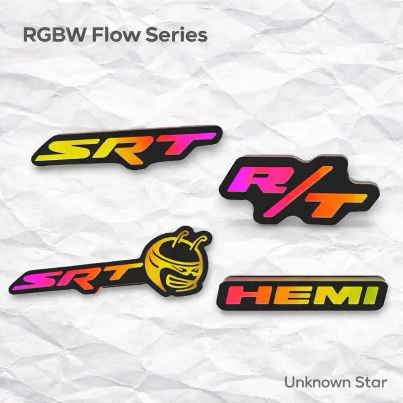 RGBW Flow Series LED Grille Badge Decoration for Dodge (Charger, Challenger, Durango, Grand Cherokee, SRT, Hellcat, Redeye, Trackhawk, Daytona, R/T) & Jeep Ram TRX - Unknown Star Car Mod, Bluetooth Sync, Hemi Car Exterior Upgrade, Cosmetic Light, Custom C