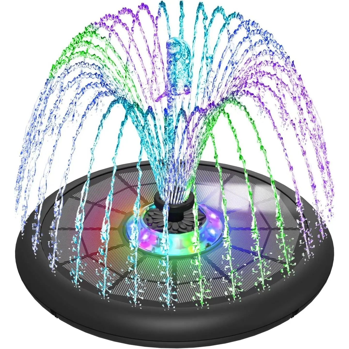 Upgraded 5W Solar Water Fountain Pump with UFO LED Lighted Garden Fountains, 7 Nozzles & 4 Fixers for Bird Bath, Outdoor Decor, Led Lighted Fountain
