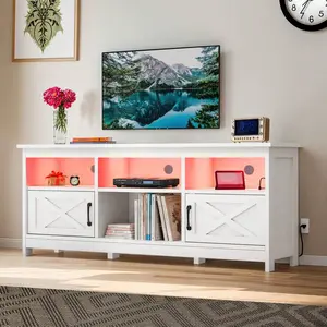 TV Stand For 65 Inch TVs, Modern Farmhouse Entertainment Center With Storage Cabinets, Power Outlet & LED Light, Media Console For Living Room Furniture Wall Mounted Floating White Color Block Sofa Set