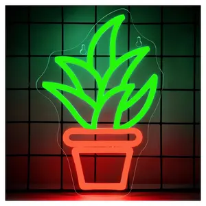 Sign Illuminated Plant Neon Sign Potted Plant Green Leaf Light Up Signs For Wall Decor Bedroom 23x33.5cm