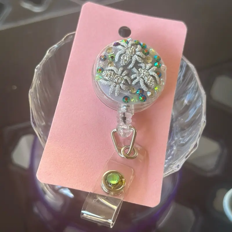 Purple Rhinestone Creepy Crawly Spider Badge Reel  Badge Holder