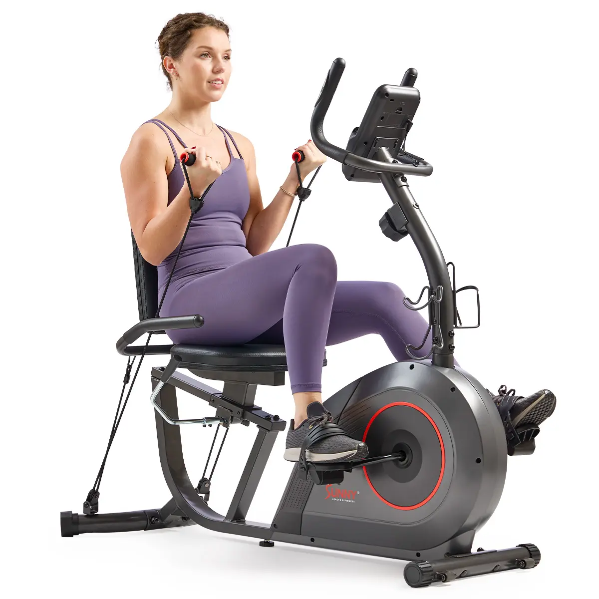 Sunny Health & Fitness 16-Level Smart Magnetic Resistance Recumbent Bike with Workout Bands Adjustable Seat LCD Display for Home Gym Exercise Fitness Low Impact 300 LBS Weight Capacity Ultra Quiet Silent