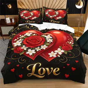 Love flower pattern  Themed  Comforter Set,Including 1 Quilt and 1 or 2 Pillowcases without Pillows，The Non Slip Dust Cover is Suitable for Valentine's Day, Marriage, Honeymoon Travel, Rich Pattern Details, Durable and Fashionable Bedroom Bed Decoration