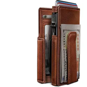 Men's ultra-thin leather pop-up card holder wallet - RFID anti-theft double-fold design, can accommodate 9-13 cards, with ID window and cash slot
