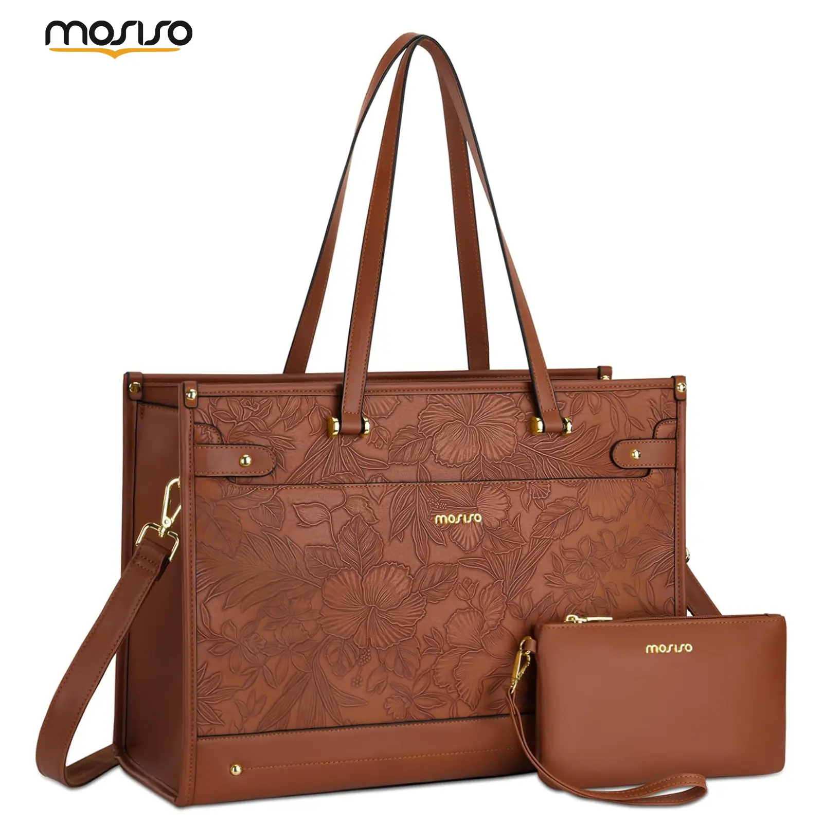 MOSISO Women's 15.6 in Vintage Leather Laptop Tote Bag - Adjustable Shoulder & Carry Handle, Large Capacity Office Business Bag with Clutch Purse, Embossed Floral Computer Handbag, Brown, Adjustable Shoulder Women's Tote Bags, Carry Handle Women's Tote Ba