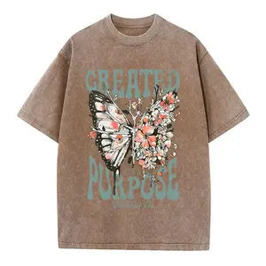 Vintage Washed "Created With A Purpose" Floral Butterfly Graphic Tee - Faith-Based Streetwear Brown Washed "Created With A Purpose" Cotton T-Shirt - Religious Casual Top Retro "Ephesians 2:10" Floral Butterfly Print Oversized T-Shirt