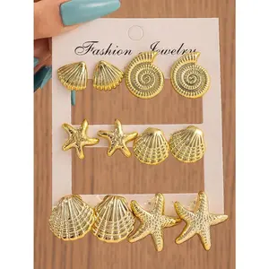 Couple Fashion Starfish-Shell Earrings Set, 2-12pcs/Set, Suitable For Summer Travel And Holiday Wear