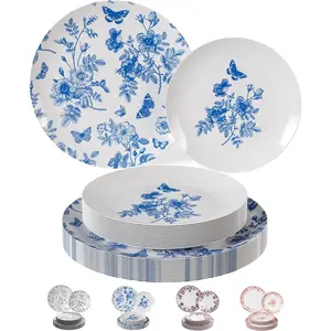 Disposable Plates For Party Supplies | Blue Floral Plastic Plates For Wedding 80 count - 40 X 8 & 40 X 10 Dinner Plate Sets | Floral Plate Set Disposable Plastic Dinnerware Sets